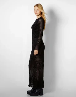 FEMME BERSHKA Robes*Robe longue manches longues tulle imprimé dragons