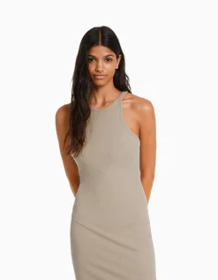 FEMME BERSHKA Vêtements*Robe midi bord-côte