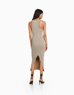 FEMME BERSHKA Vêtements*Robe midi bord-côte