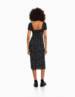 FEMME BERSHKA Robes*Robe midi manches courtes imprimé fleurs