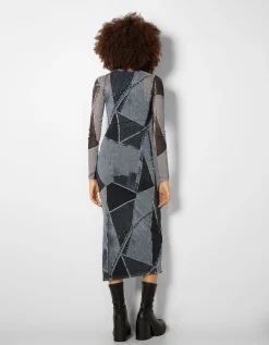 FEMME BERSHKA Robes*Robe midi manches longues tulle effet denim