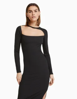 FEMME BERSHKA Robes*Robe midi manches longues décolleté asymétrique