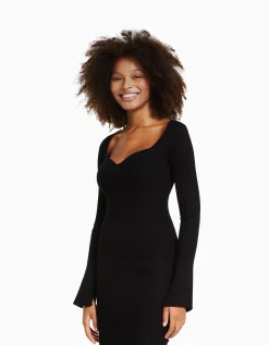 FEMME BERSHKA Vêtements*Robe midi manches longues maille bord-côte