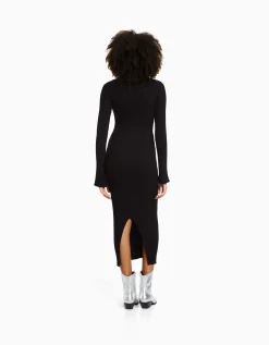 FEMME BERSHKA Vêtements*Robe midi manches longues maille bord-côte