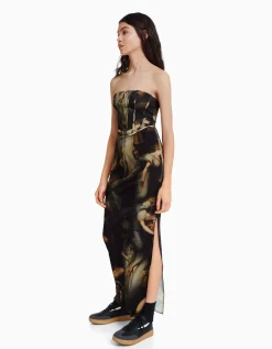 FEMME BERSHKA Robes*Robe midi tulle imprimé Art Series