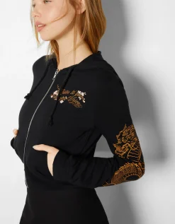 FEMME BERSHKA Pulls*Sweat capuche zippé imprimé dragon
