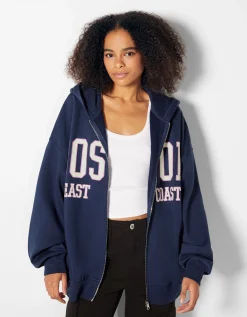 FEMME BERSHKA Pulls*Sweat capuche zippé imprimé varsity