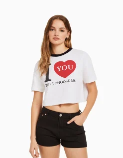FEMME BERSHKA Tee-shirts*Sweat cropped imprimé manches courtes