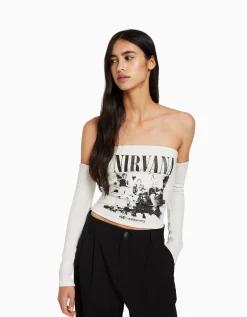 FEMME BERSHKA Vêtements*Top bandeau manches longues imprimé Nirvana