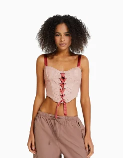 FEMME BERSHKA Vêtements*Top corset similicuir bretelles et laçage satinés