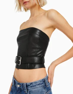 FEMME BERSHKA Vêtements*Top corset similicuir ceinture