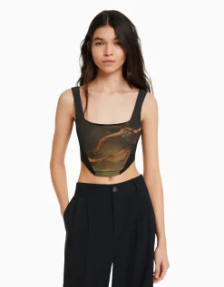 FEMME BERSHKA Tops et corsets*Top corset tulle imprimé Art Series