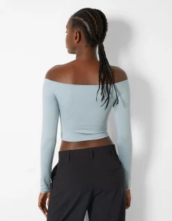 FEMME BERSHKA Tee-shirts*Top cropped manches longues col style Bardot fronces