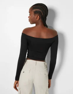 FEMME BERSHKA Tee-shirts*Top cropped manches longues col style Bardot fronces