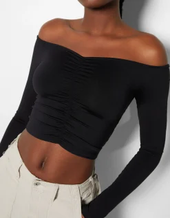 FEMME BERSHKA Tee-shirts*Top cropped manches longues col style Bardot fronces