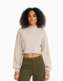FEMME BERSHKA Maille*Top cropped manches longues col montant