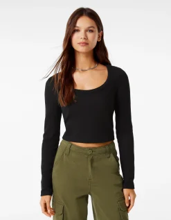 FEMME BERSHKA Tee-shirts*Top manches longues bord-côte texturé