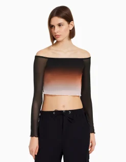 FEMME BERSHKA Tee-shirts*Top manches longues col Bardot tulle
