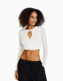 FEMME BERSHKA Vêtements*Top manches longues en dentelle décolleté croisé