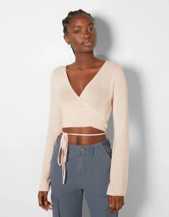FEMME BERSHKA Tee-shirts*Top manches longues nœud décolleté croisé