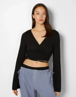 FEMME BERSHKA Tee-shirts*Top manches longues nœud décolleté croisé