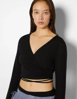 FEMME BERSHKA Tee-shirts*Top manches longues nœud décolleté croisé