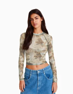 FEMME BERSHKA Tee-shirts*Top manches longues tulle raglan