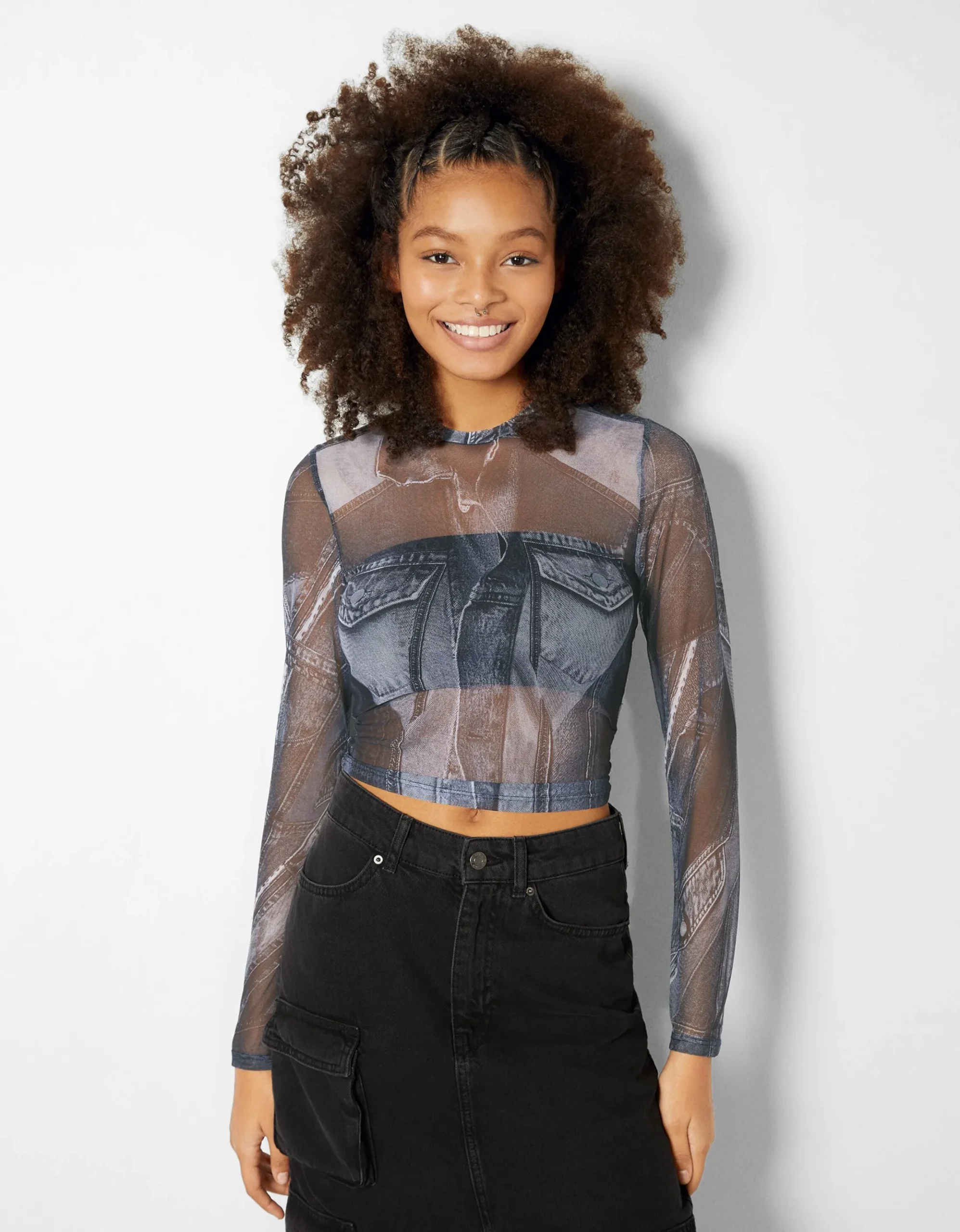 FEMME BERSHKA Tee-shirts*Top manches longues tulle effet denim