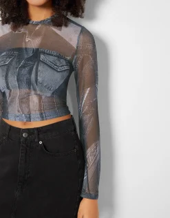 FEMME BERSHKA Tee-shirts*Top manches longues tulle effet denim