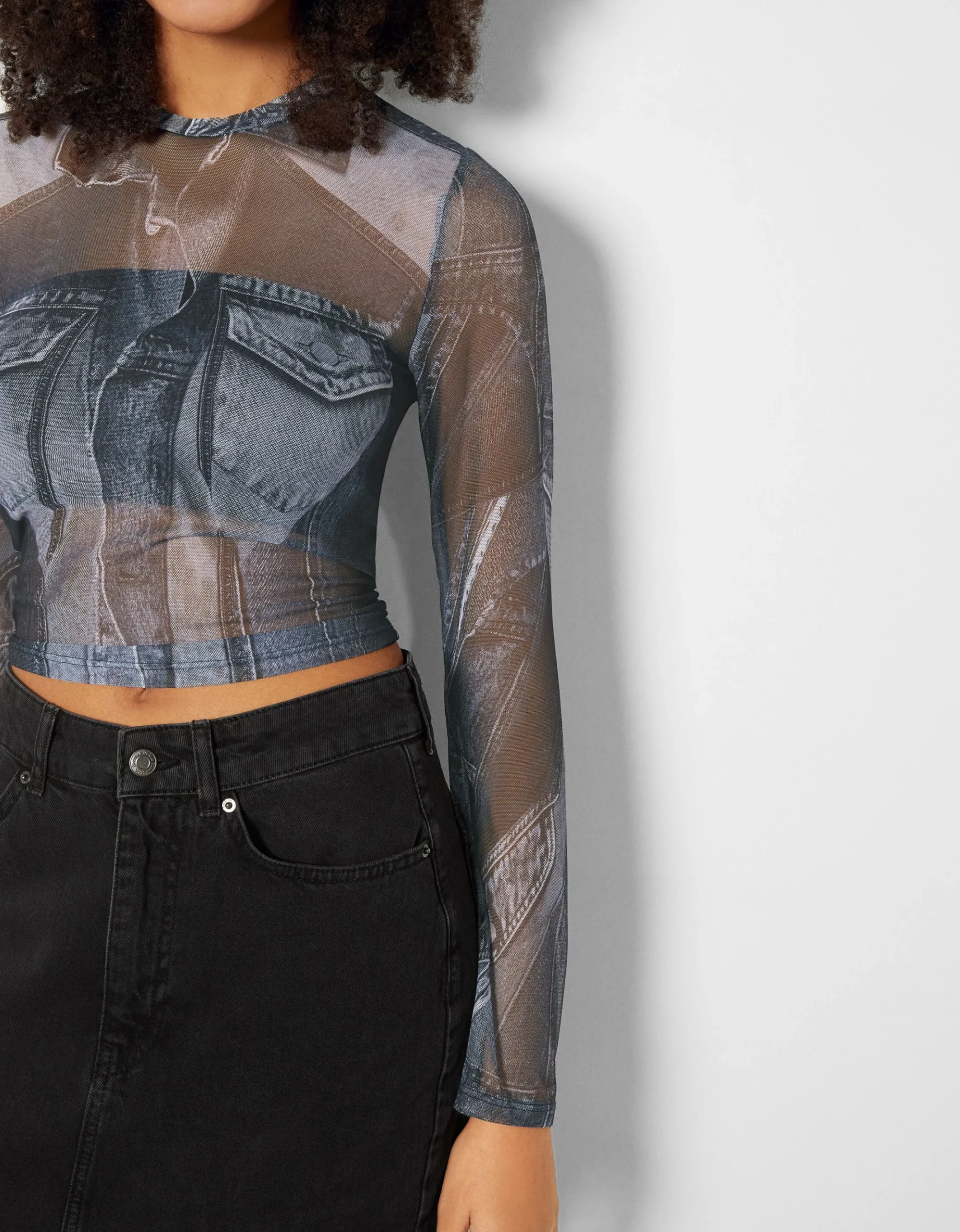 FEMME BERSHKA Tee-shirts*Top manches longues tulle effet denim