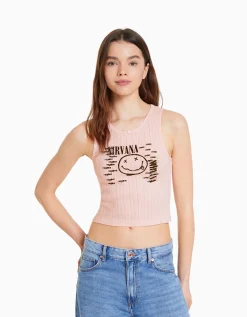 FEMME BERSHKA Tee-shirts*Top sans manches maille pointelle imprimé Nirvana