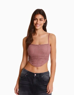 FEMME BERSHKA Vêtements*Top strass résille bretelles fines