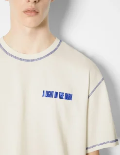 HOMME BERSHKA Tee-shirts*T-shirt manches courtes boxy fit fil contraste imprimé lettering