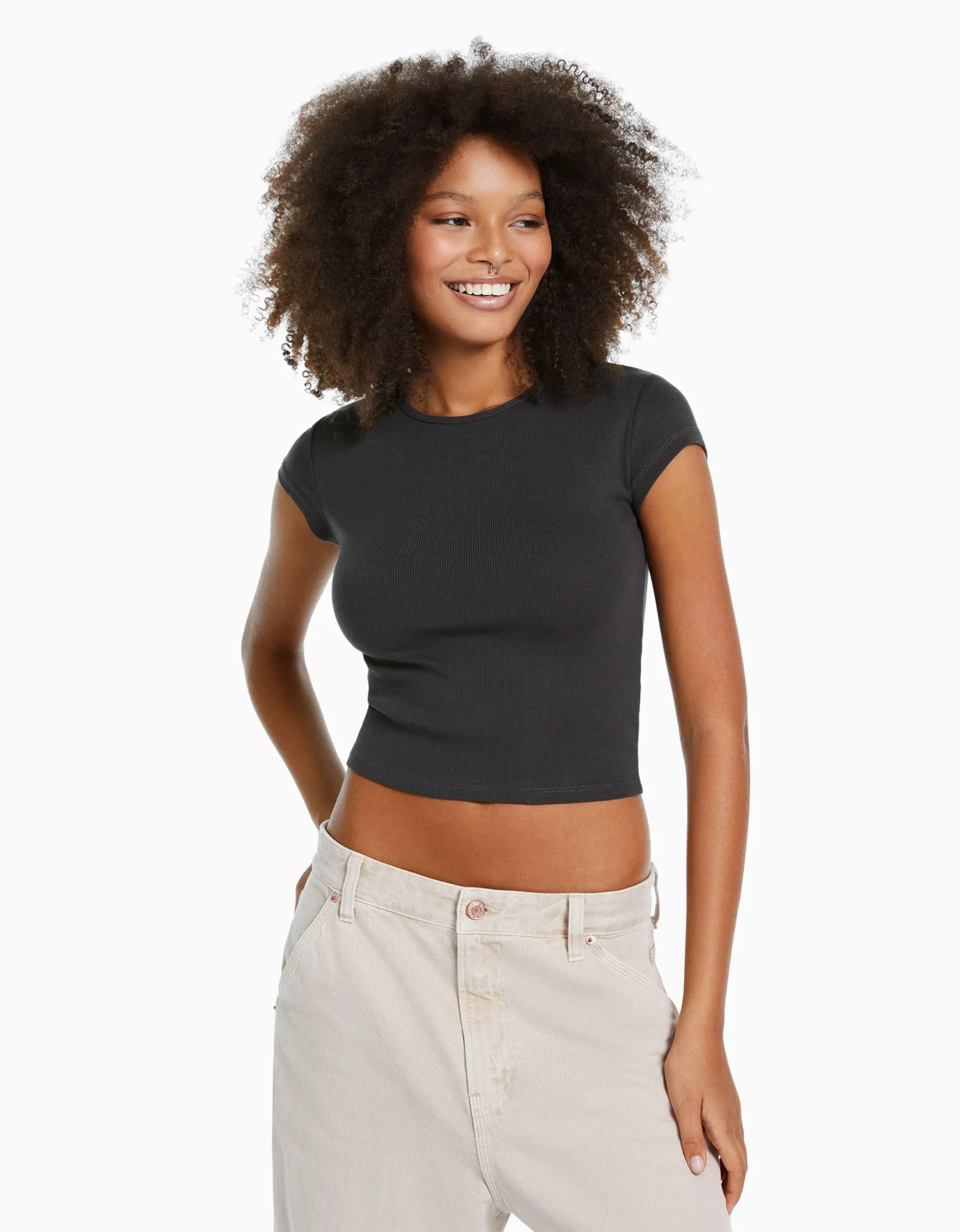 FEMME BERSHKA Tee-shirts*T-shirt manches courtes bord côte