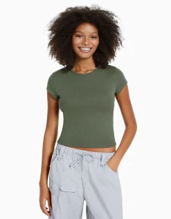 FEMME BERSHKA Personnalisables*T-shirt manches courtes bord côte