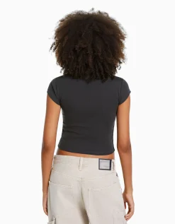 FEMME BERSHKA Personnalisables*T-shirt manches courtes bord côte
