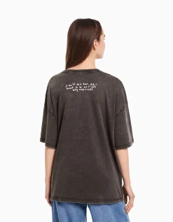 FEMME BERSHKA Tee-shirts*T-shirt manches courtes effet délavé imprimé