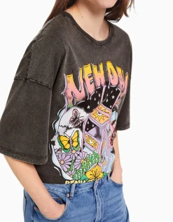 FEMME BERSHKA Tee-shirts*T-shirt manches courtes effet délavé imprimé