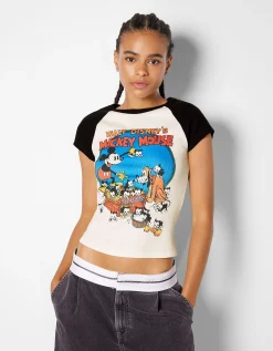 FEMME BERSHKA Cartoons*T-shirt manches courtes imprimé Mickey