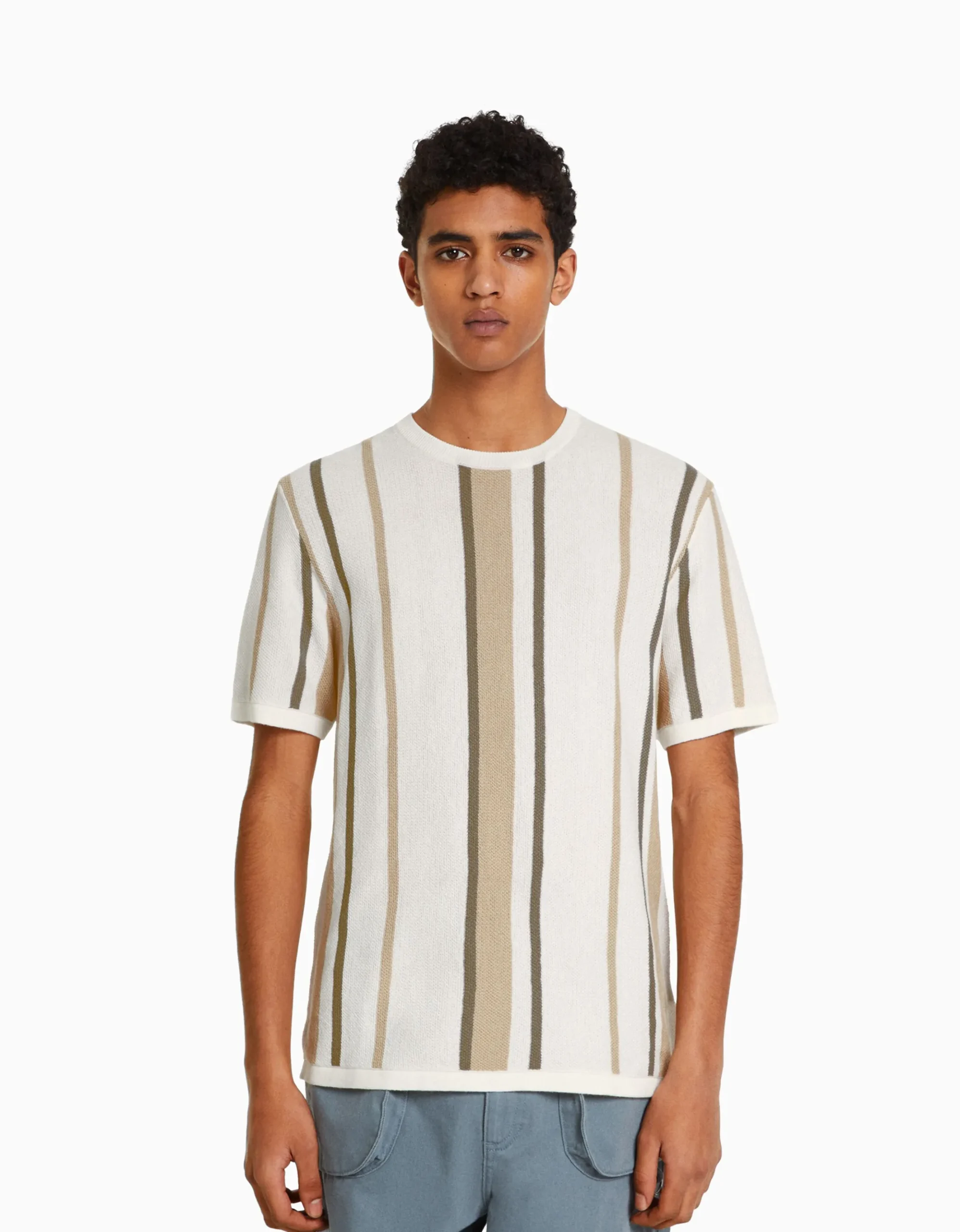 HOMME BERSHKA Tee-shirts*T-shirt manches courtes imprimé rayures verticales
