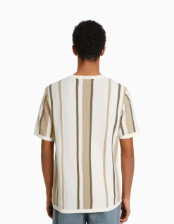 HOMME BERSHKA Tee-shirts*T-shirt manches courtes imprimé rayures verticales