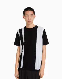 HOMME BERSHKA Tee-shirts*T-shirt manches courtes imprimé rayures verticales