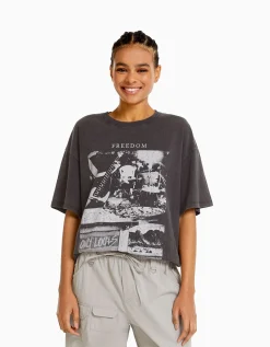 FEMME BERSHKA Vêtements*T-shirt manches courtes imprimé