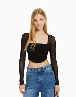 FEMME BERSHKA Tee-shirts*T-shirt manches longues corset tulle