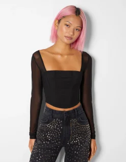 FEMME BERSHKA Party*T-shirt manches longues corset tulle
