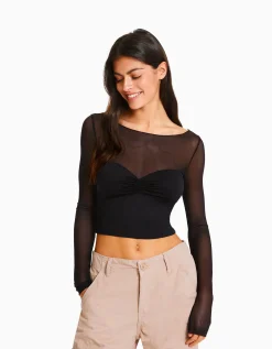 FEMME BERSHKA Tee-shirts*T-shirt manches longues cropped tissu contrastant