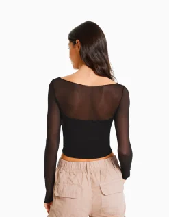 FEMME BERSHKA Tee-shirts*T-shirt manches longues cropped tissu contrastant
