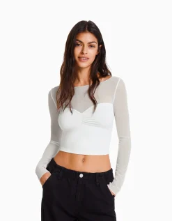 FEMME BERSHKA Tee-shirts*T-shirt manches longues cropped tissu contrastant