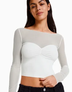 FEMME BERSHKA Tee-shirts*T-shirt manches longues cropped tissu contrastant