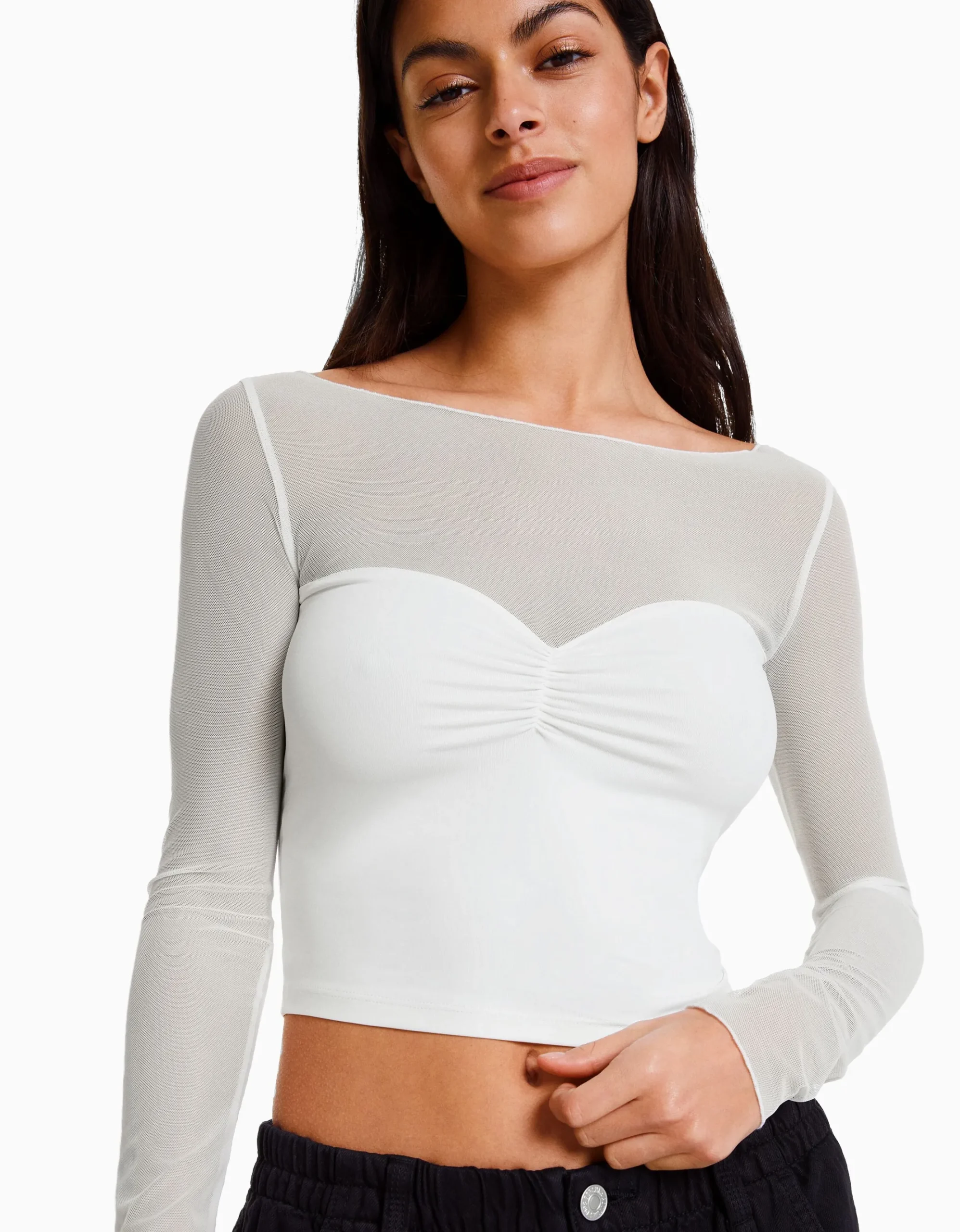 FEMME BERSHKA Tee-shirts*T-shirt manches longues cropped tissu contrastant